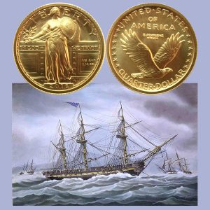 Gold Standing Liberty Quarter Dollar Coin
