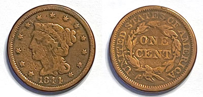 1844 braided hair large one cent coin 1844 braided hair large one cent coin