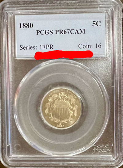 1880 Shield Five Cent Coin PCGS PR67CAM obverse