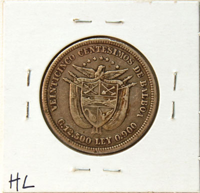 1904 Panama Twenty-Five Centésimos Coin reverse