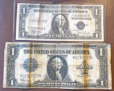 One Dollar Silver Certificate Large versus Small Note One Dollar Silver Certificate Large versus Small Note