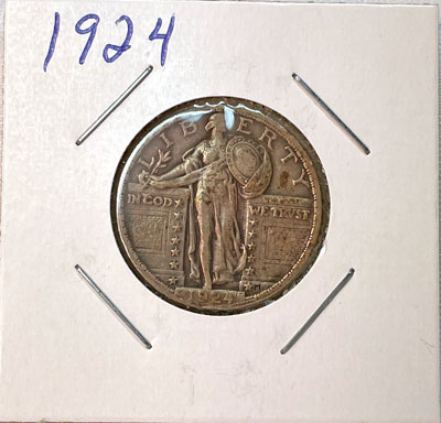 1924 Standing Liberty silver quarter dollar coin obverse