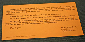 1961 Proof Set note to collectors