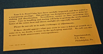 1962 Proof Set note from US Mint