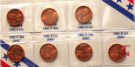 1982 Lincoln Cent varieties including copper and zinc, large and small dates, Philadelphia and Denver mints