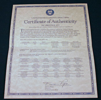 1987 Prestige Set certificate inside