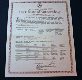 1988 Prestige Set certificate inside