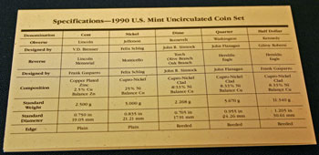 1990 Mint Set coin specifications