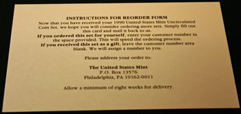 1990 Mint Set reorder form instructions