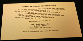 1991 Mint Set reorder form instructions