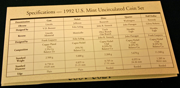 1992 Mint Set coin specifications large view
