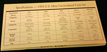 1992 Mint Set coin specifications