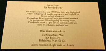 1992 Mint Set reorder form instructions