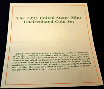 1993 Mint Set inside of insert