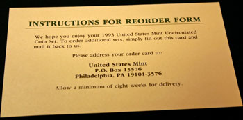 1993 Mint Set reorder form instructions