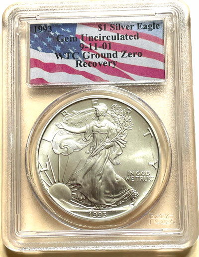 1993 gem uncirculated 9-11-01 WTC ground zero recovery american silver eagle obverse 1993 gem uncirculated 9-11-01 WTC ground zero recovery american silver eagle obverse