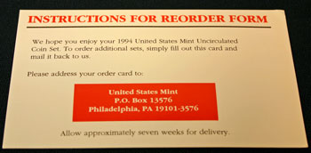 1994 Mint Set reorder form instructions