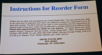 1996 Mint Set reorder form instructions