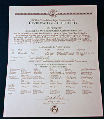1997 Prestige Set certificate of authenticity