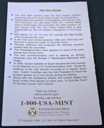 1998 Mint Set back of insert