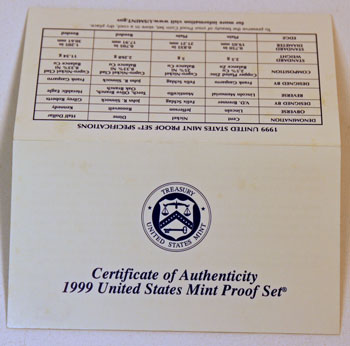1999 Proof Set outside view of the certificate of authenticity