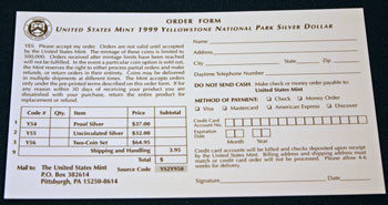 1999 Susan B. Anthony Mint Set order form details