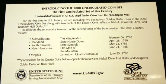 2000 Mint Set inside top of Philadelphia insert