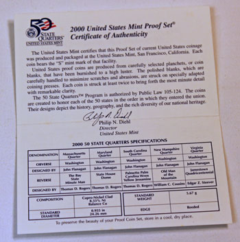 2000 Proof Set certificate of authenticity inside
