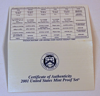 2001 Proof Set certificate of authenticity outside