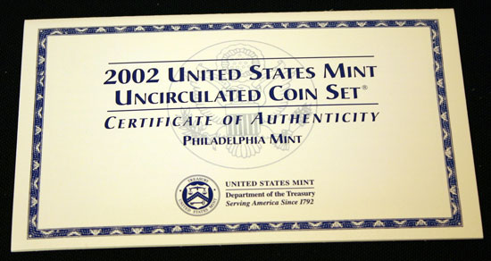 2002 Mint Set front of insert describing uncirculated coins