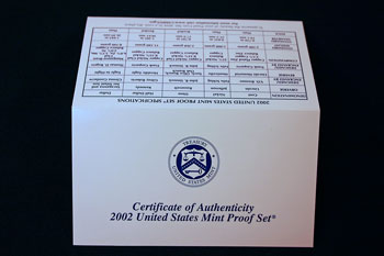 2002 Proof Set Certificate of Authenticity outside