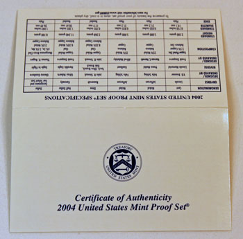 2004 Proof Set certificate of authenticity outside