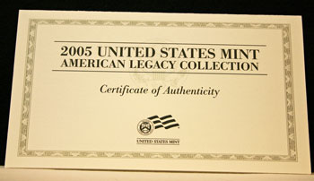 2005 American Legacy Collection Proof Coins Set certificate of authenticity front