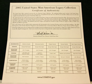 2005 American Legacy Collection Proof Coins Set certificate of authenticity inside