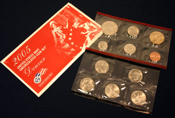 2005 Mint Set Denver envelope opened showing uncirculated coins