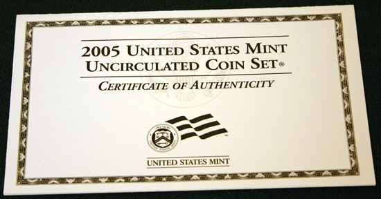 2005 Mint Set front of Certificate of Authenticity