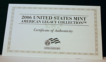 2006 American Legacy Collection Proof Coins Set certificate of authenticity front