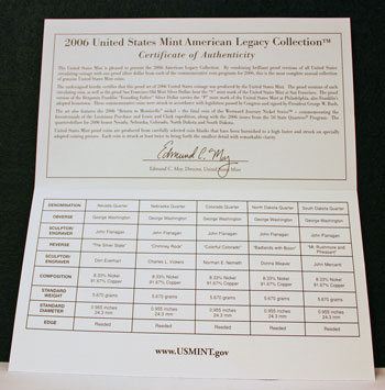 2006 American Legacy Collection Proof Coins Sets certificate of authenticity inside