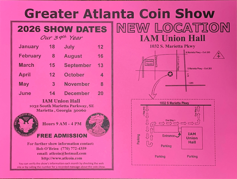 2026 Greater Atlanta Coin Show Flyer pink