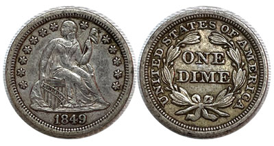 Seated Liberty Dime Coin 1849 Philadelphia
