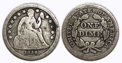 Seated Liberty Dime Coin 1856 Small Date Philadelphia