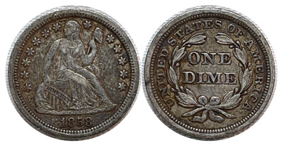 Seated Liberty Dime Coin 1858 Philadelphia
