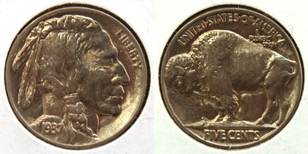 Buffalo Five Cent Coin 1937 Philadelphia Mint