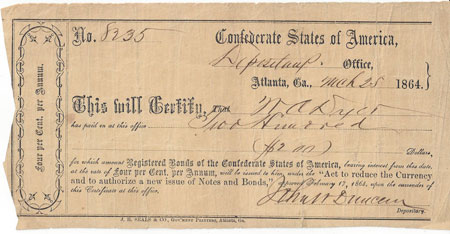 Confederate Certificate of Deposit for $200 Bond