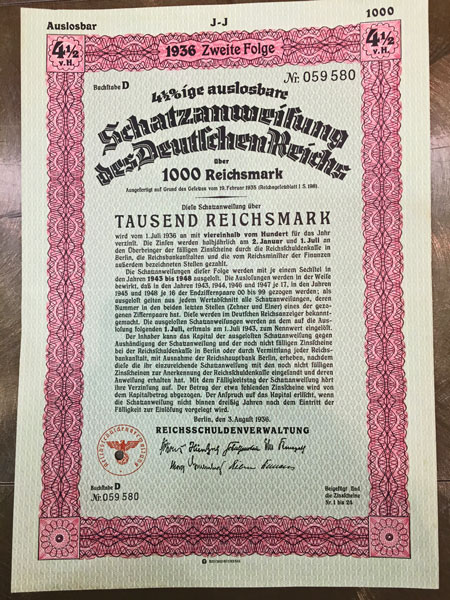 Treasury Note 1000 ReichsMark 1936 Third Reich Berlin German Bond