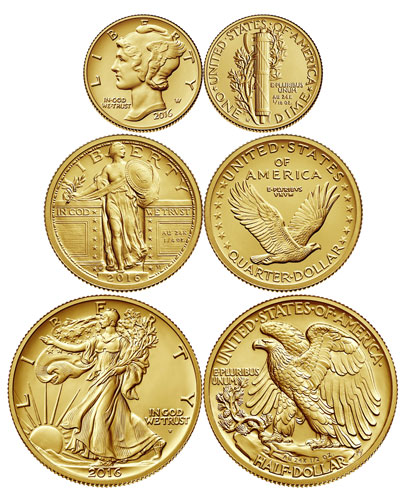 2016 Gold Coins: Mercury Dime, Standing Liberty Quarter, Walking Liberty Half Dollar