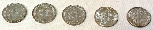 five 1940s mercury dimes reverse