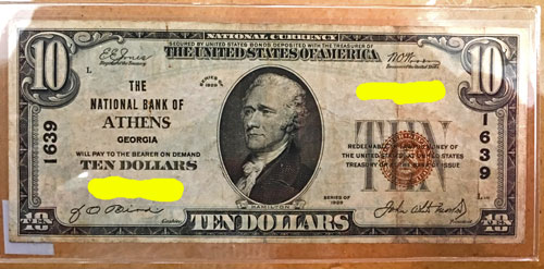 National Currency Note The National Bank of Athens $10 Brown Seal 1929 Series