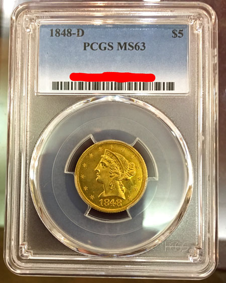 Half Eagle Gold $5 coin 1848-D PCGS MS63 obverse