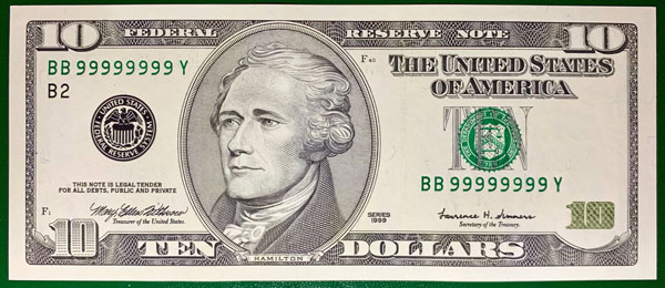 1999 Series $10 Collector Note Solid Serial Number 99999999